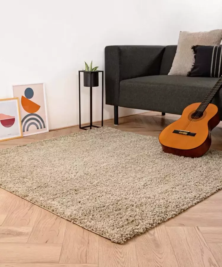 Tapeso Vierkant hoogpolig vloerkleed shaggy Trend effen champagne 140x140 cm