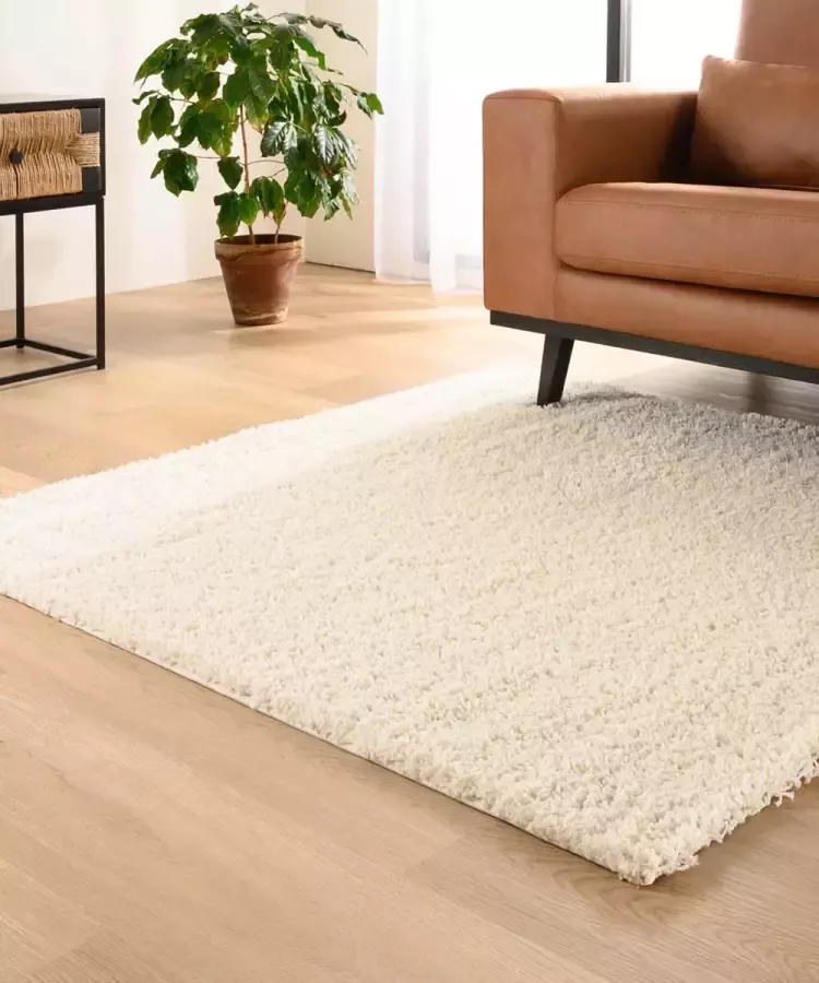 Tapeso Vierkant hoogpolig vloerkleed shaggy Trend effen ivoor 140x140 cm