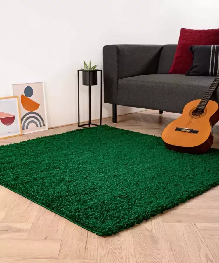Tapeso Vierkant hoogpolig vloerkleed shaggy Trend effen jade 200x200 cm - Foto 1