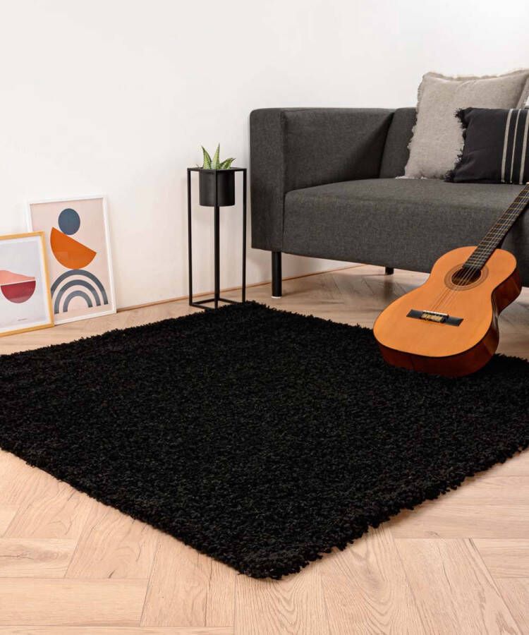 Tapeso Vierkant hoogpolig vloerkleed shaggy Trend effen zwart 300x300 cm - Foto 1