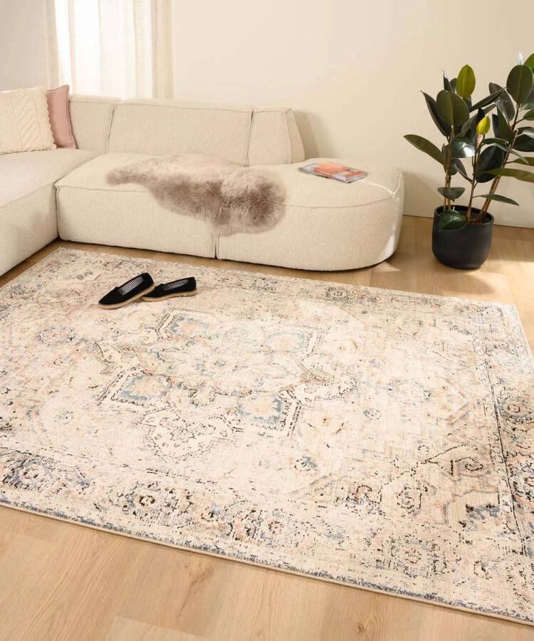Tapeso Vintage vloerkleed Fancy Classic crème beige 80x150 cm