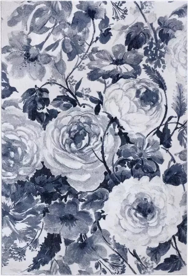 Tapeso Vloerkleed bloemen Peony blauw crème 120x170 cm
