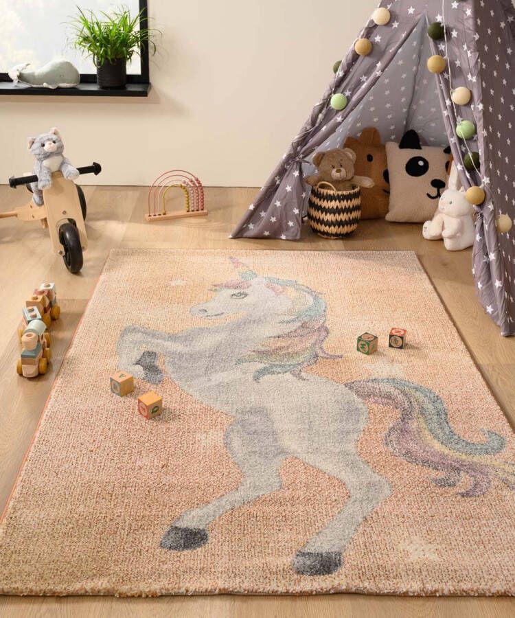 Tapeso Vloerkleed eenhoorn Dreams geel meerkleurig 200x290 cm