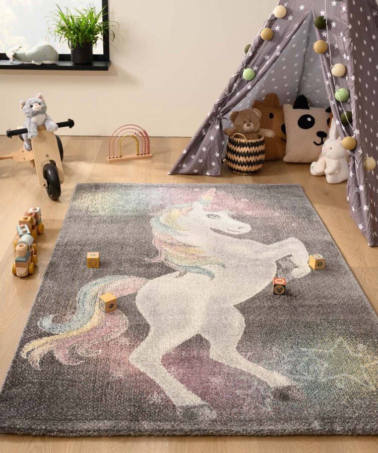 Tapeso Vloerkleed eenhoorn Dreams grijs meerkleurig 120x170 cm