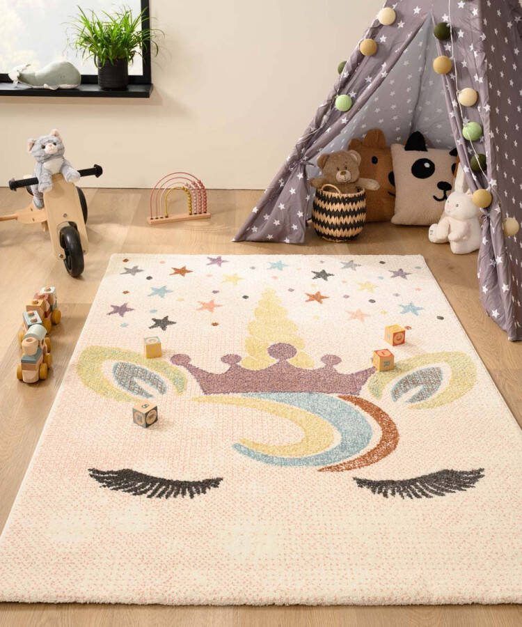 Tapeso Vloerkleed eenhoorn Snoozy wit multi 200x290 cm