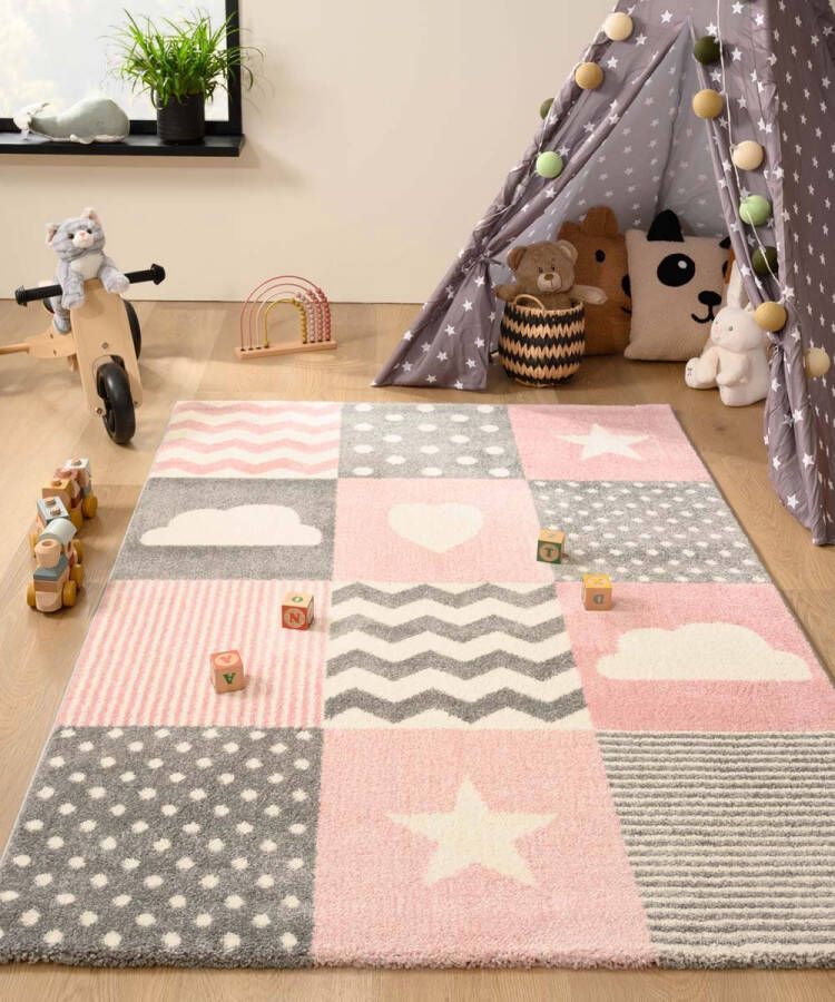 Tapeso Vloerkleed kinderkamer blokken Adventures roze grijs 120x170 cm