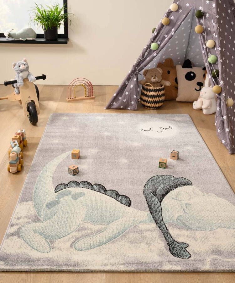 Tapeso Vloerkleed kinderkamer dino Magic lichtgrijs 120x170 cm