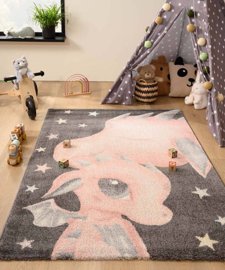 Tapeso Vloerkleed kinderkamer draakje Dreams donkergrijs roze 120x170 cm