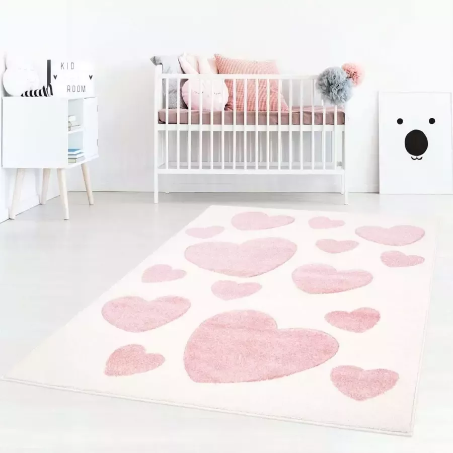 Tapeso Vloerkleed kinderkamer Hartjes 3D crème roze 60x110 cm