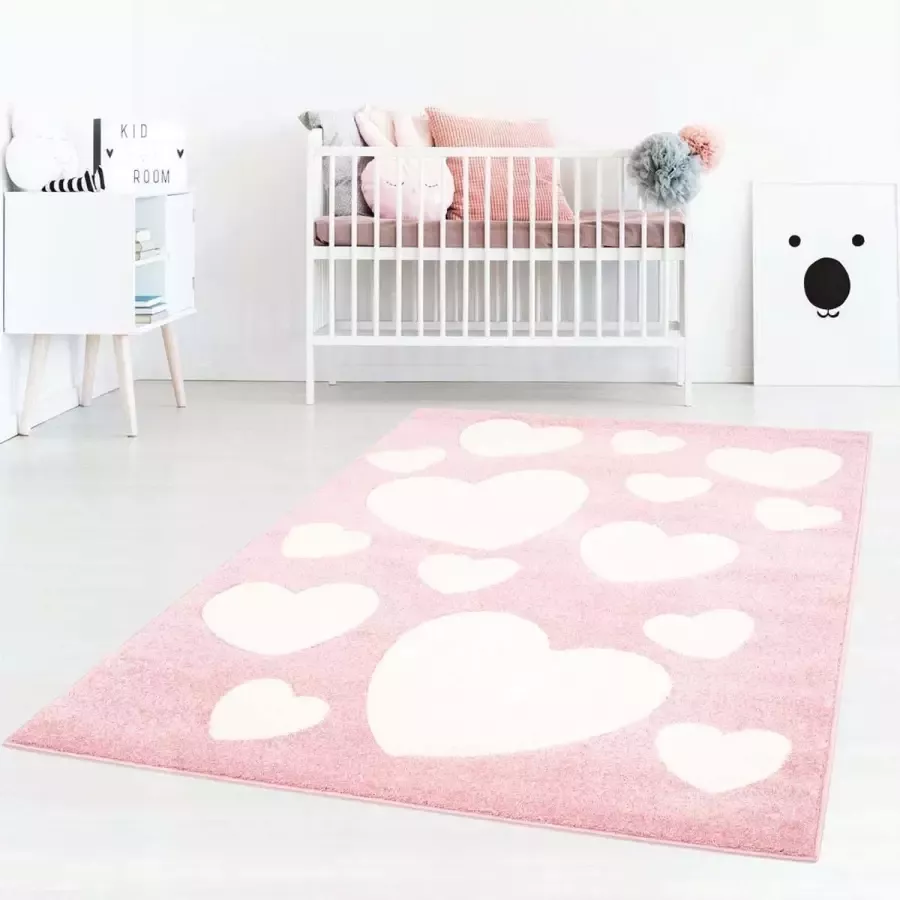 Tapeso Vloerkleed kinderkamer Hartjes 3D roze crème 120x170 cm