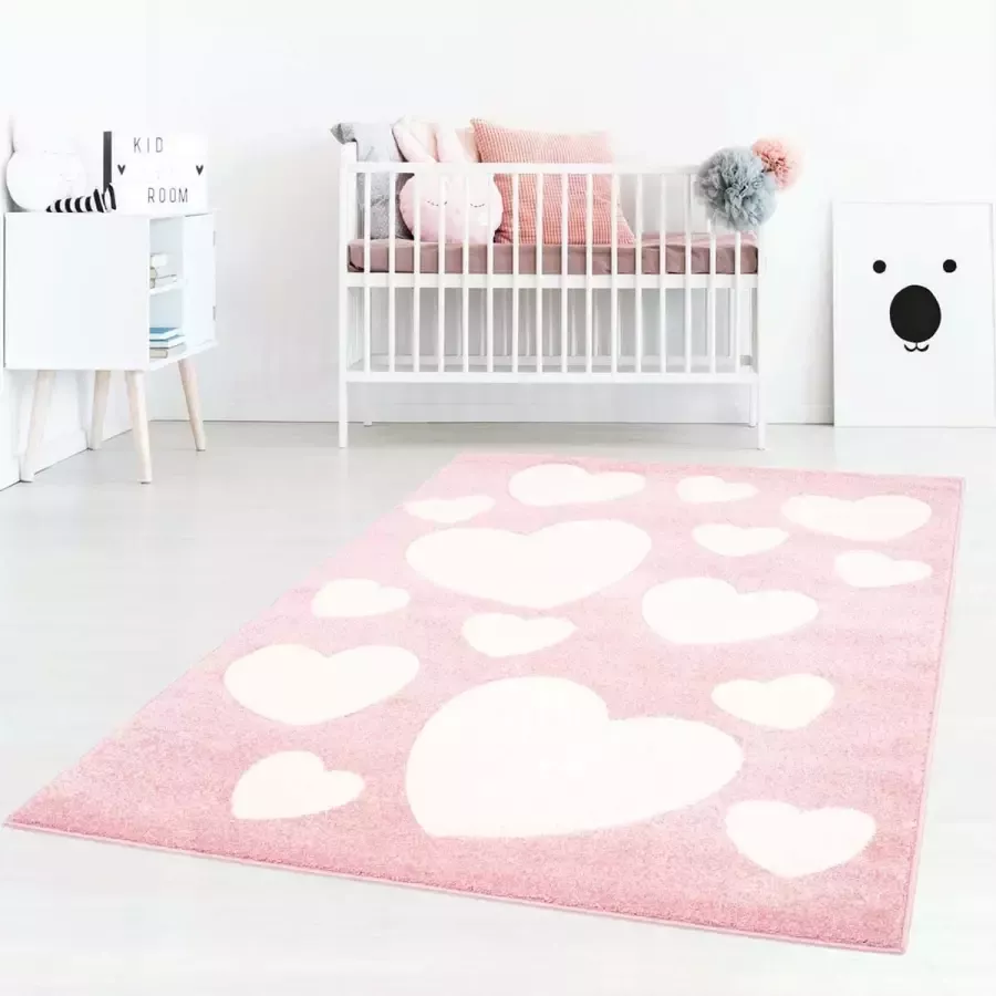 Tapeso Vloerkleed kinderkamer Hartjes 3D roze crème 60x110 cm