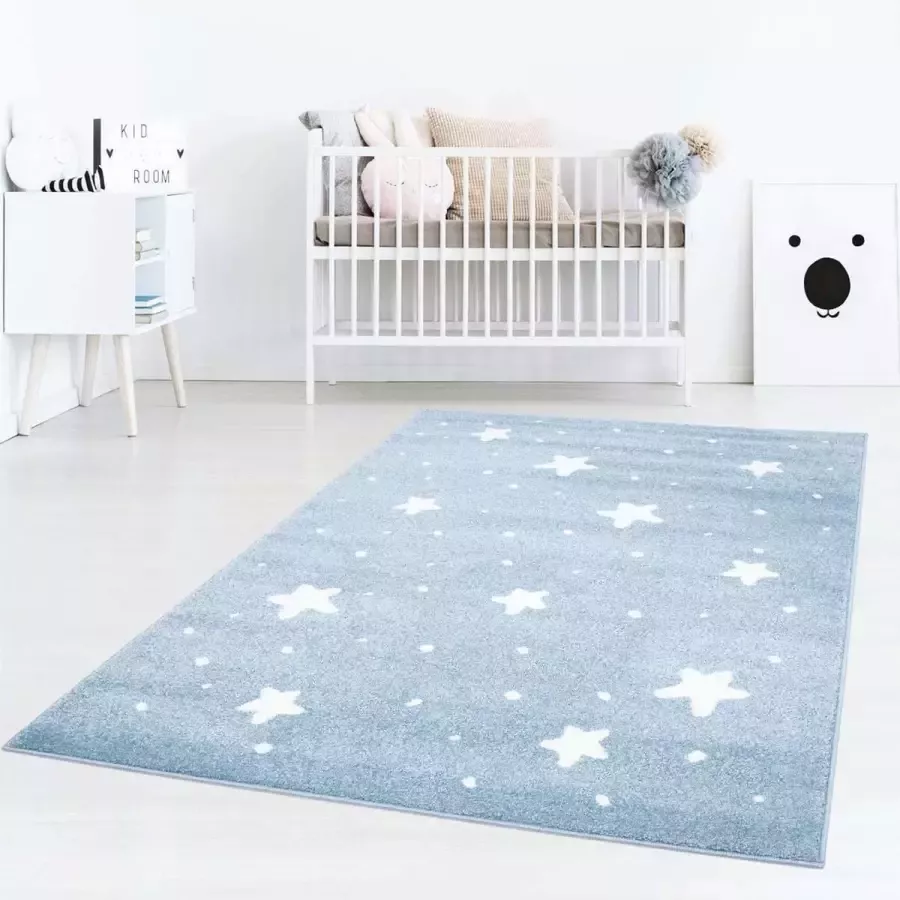 Tapeso Vloerkleed kinderkamer Kleine Sterren 3D blauw crème 120x120 cm