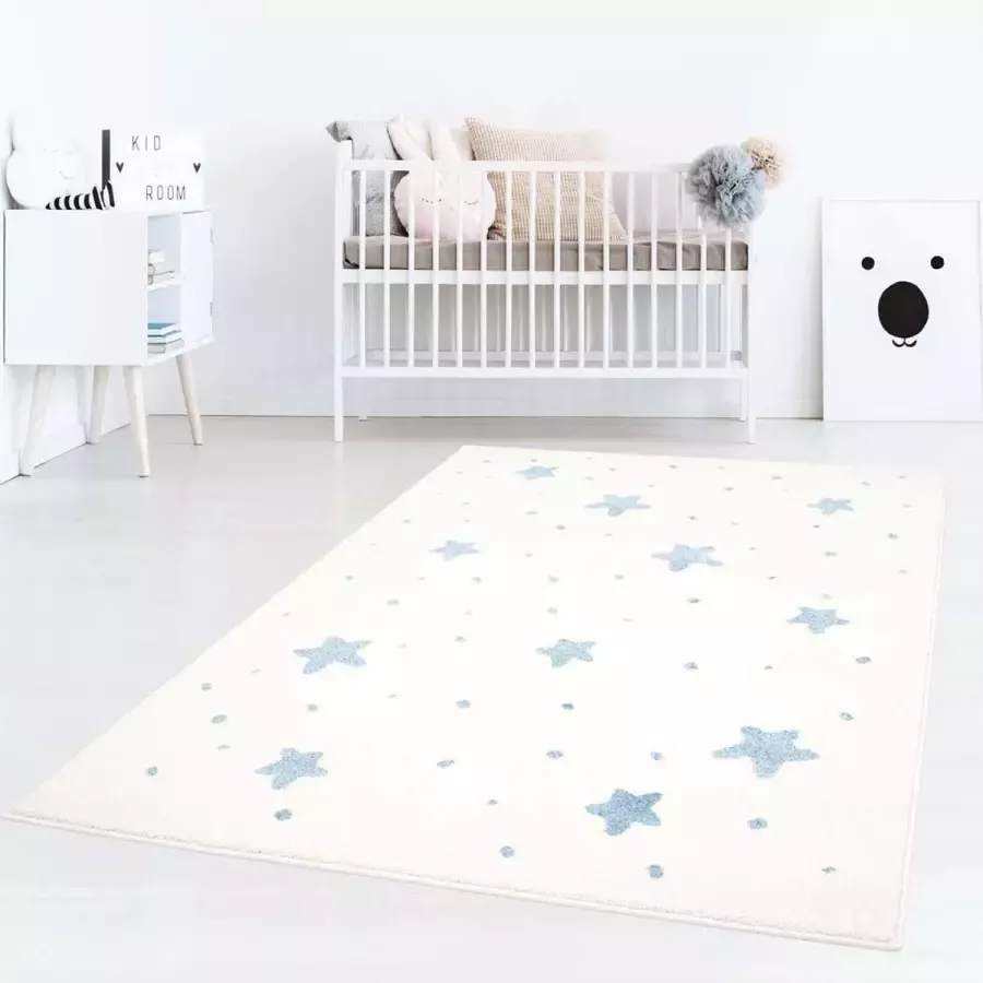 Tapeso Vloerkleed kinderkamer Kleine Sterren 3D crème blauw 120x120 cm