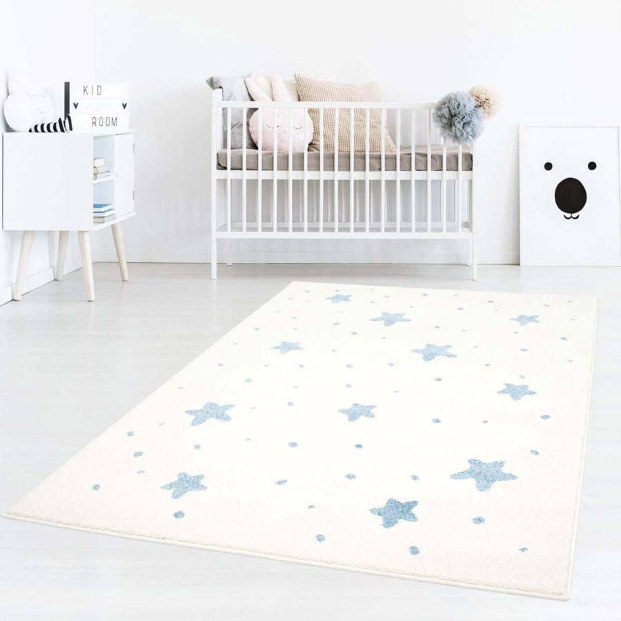 Tapeso Vloerkleed kinderkamer Kleine Sterren 3D crème blauw 150x150 cm