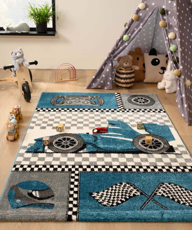 Tapeso Vloerkleed kinderkamer racing Adventures blauw 200x290 cm