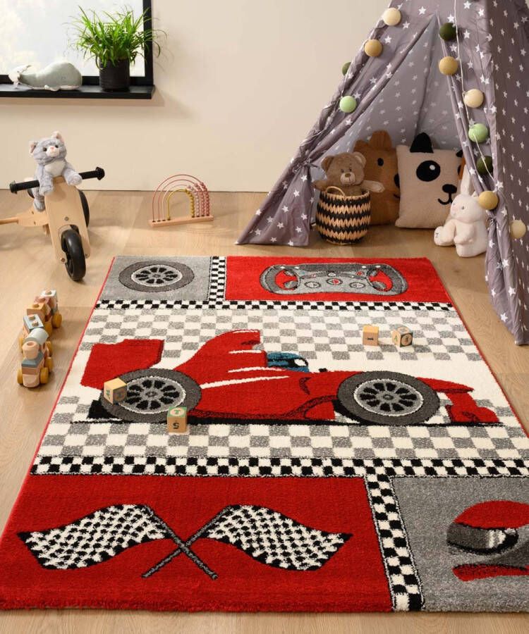 Tapeso Vloerkleed kinderkamer racing Adventures rood 80x150 cm