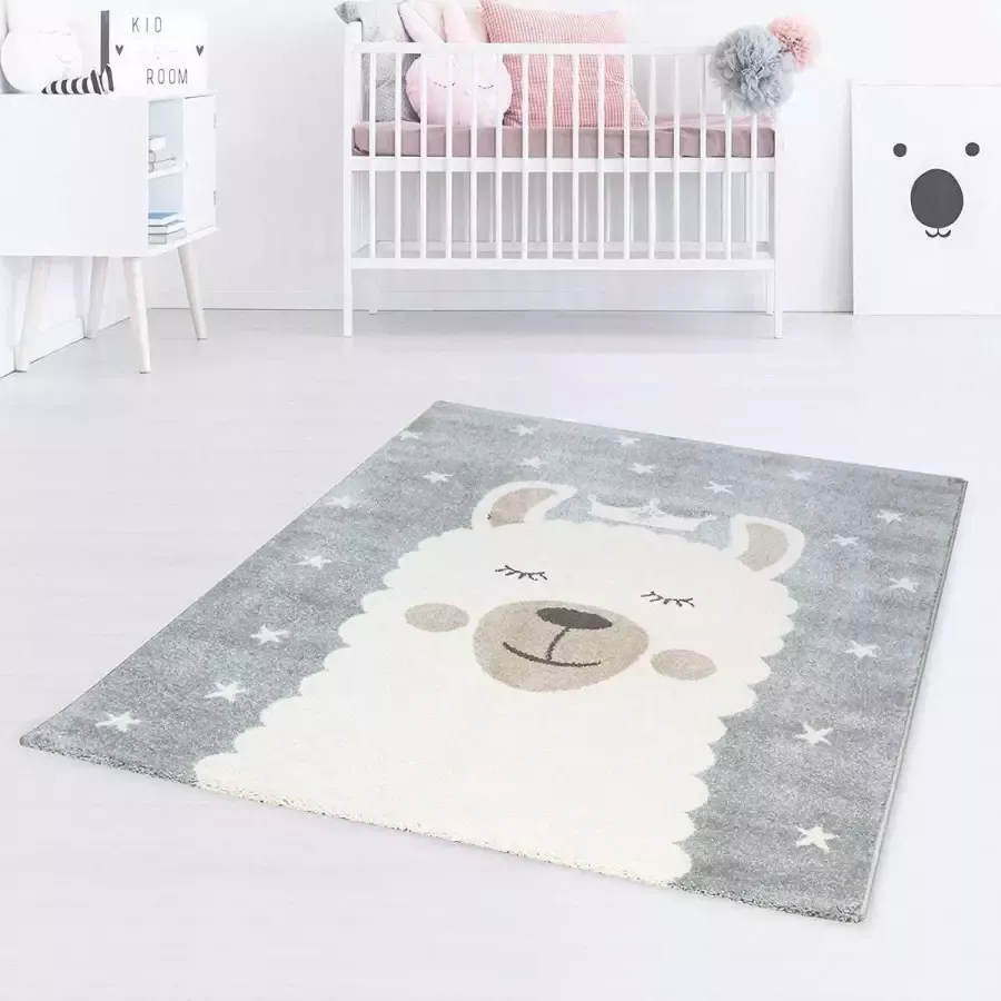 Tapeso Vloerkleed kinderkamer Sleepy Lama blauw wit 120x170 cm