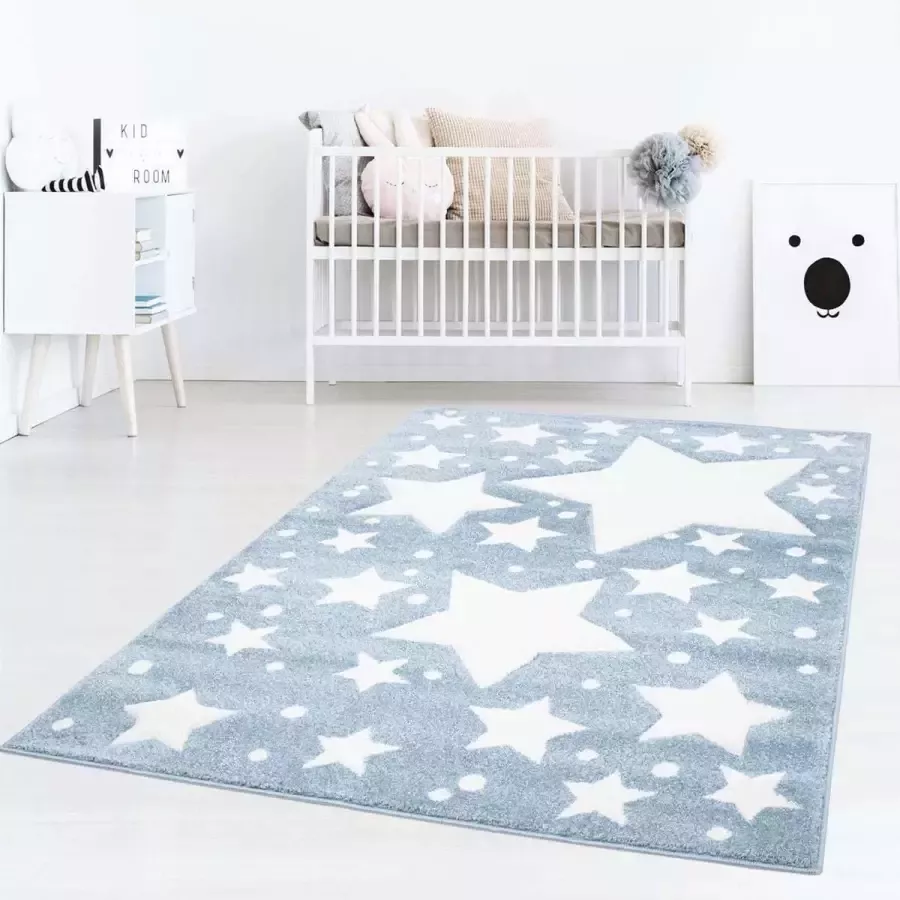 Tapeso Vloerkleed kinderkamer Sterren 3D blauw crème 120x120 cm