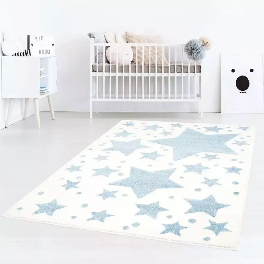 Tapeso Vloerkleed kinderkamer Sterren 3D crème blauw 120x120 cm