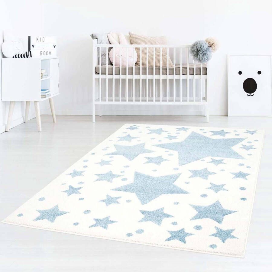 Tapeso Vloerkleed kinderkamer Sterren 3D crème blauw 60x110 cm