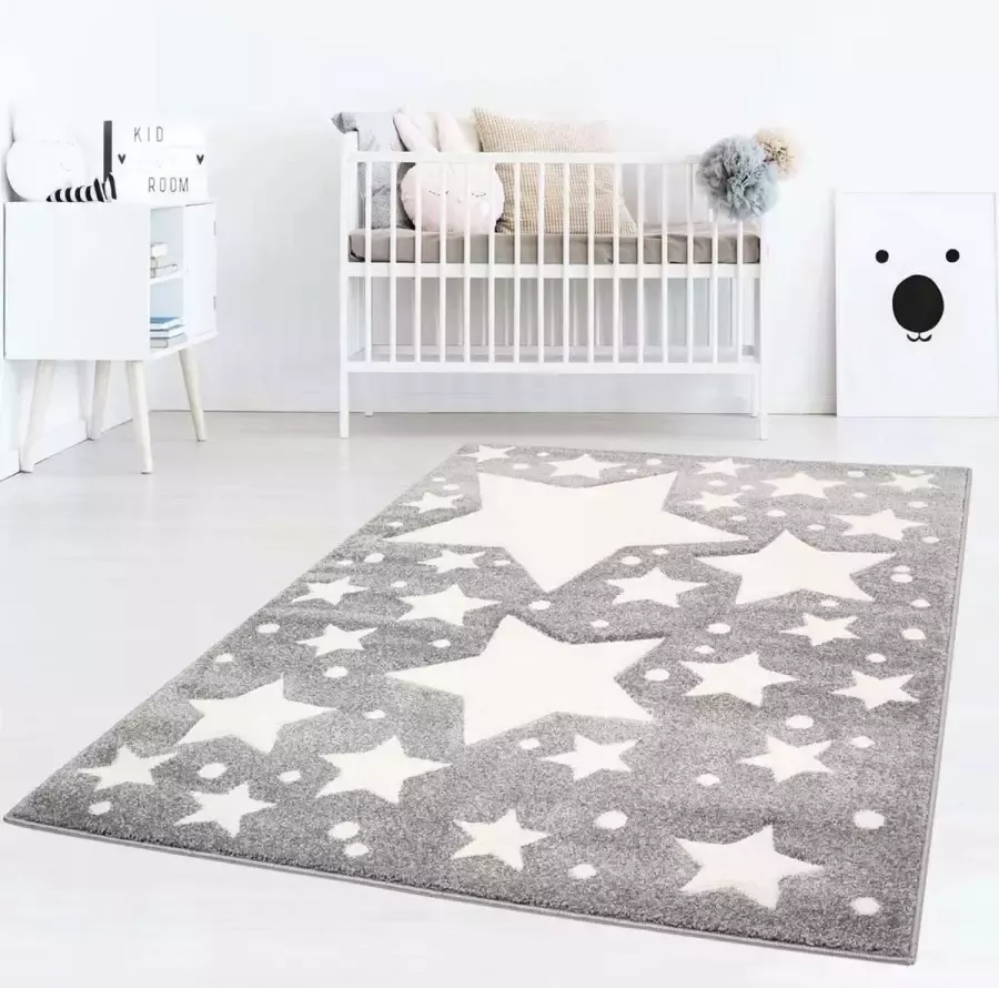 Tapeso Vloerkleed kinderkamer Sterren 3D grijs crème 120x170 cm