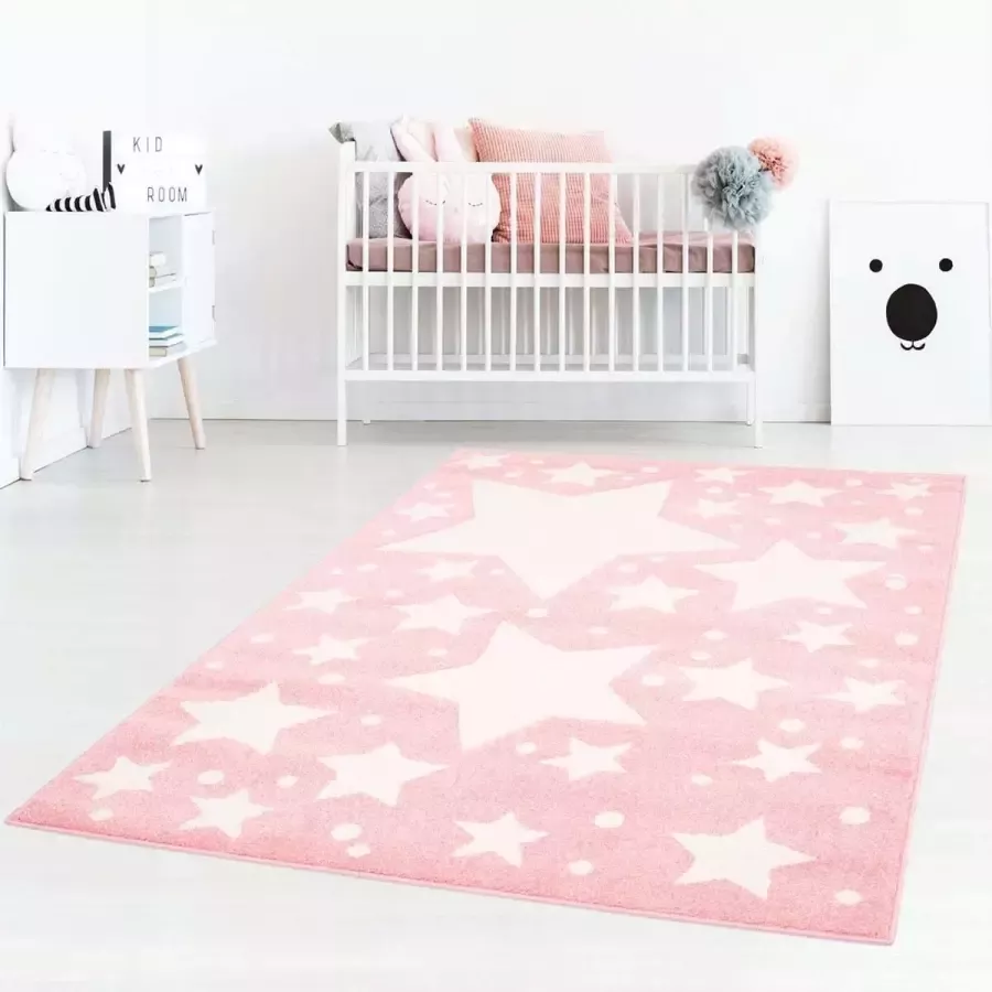 Tapeso Vloerkleed kinderkamer Sterren 3D roze crème 80x150 cm