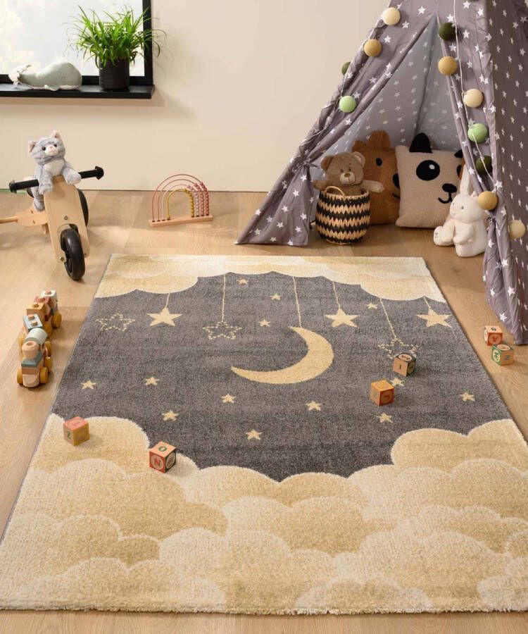 Tapeso Vloerkleed kinderkamer wolk Dreams geel grijs 120x170 cm