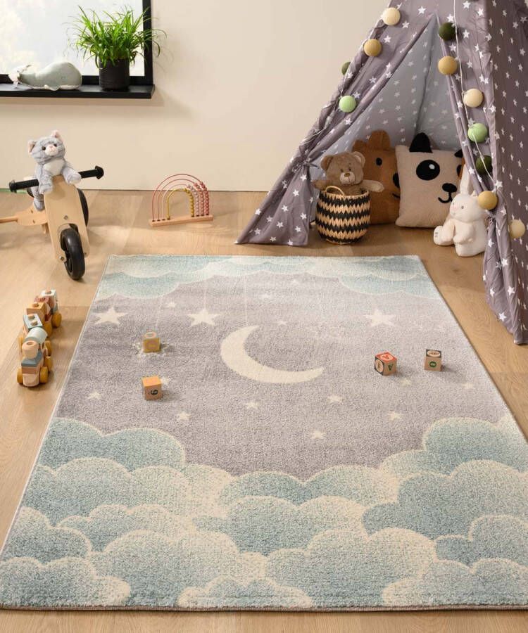 Tapeso Vloerkleed kinderkamer wolk Dreams lichtblauw grijs 120x170 cm