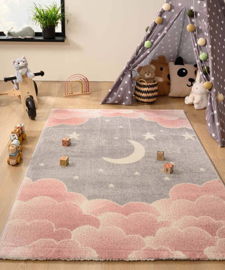 Tapeso Vloerkleed kinderkamer wolk Dreams roze grijs 120x170 cm