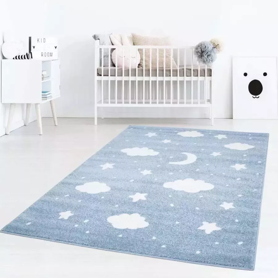 Tapeso Vloerkleed kinderkamer Wolk & Ster 3D blauw crème 120x120 cm