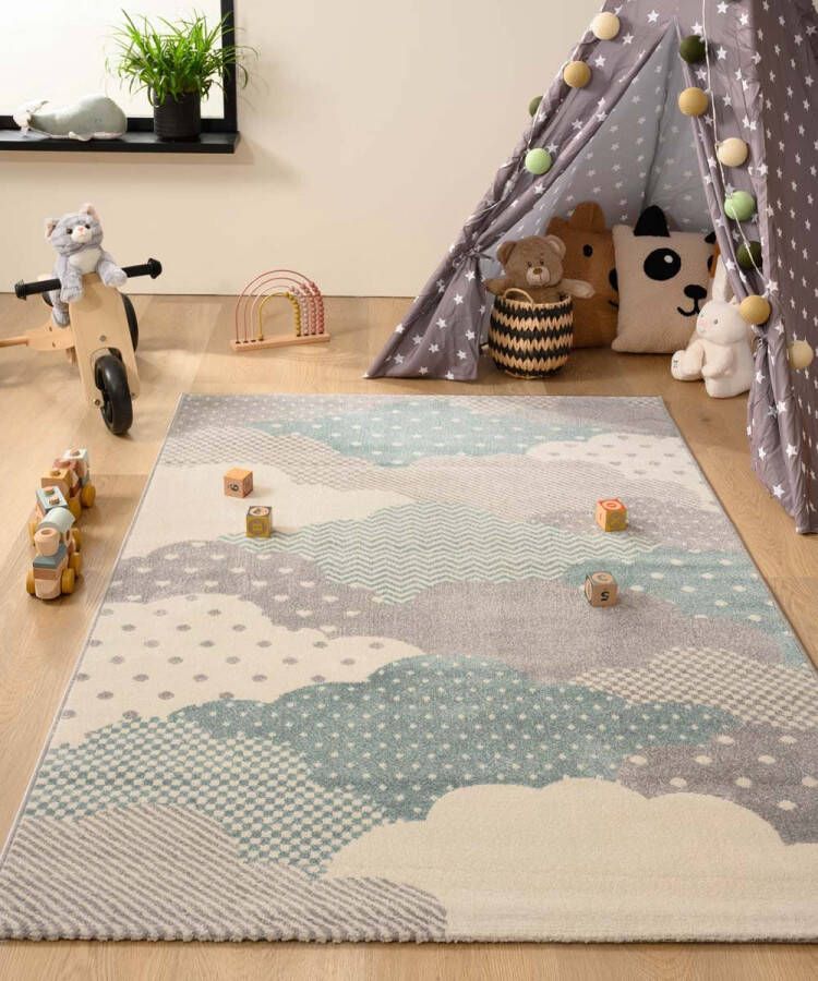 Tapeso Vloerkleed kinderkamer wolk Magic blauw grijs 120x170 cm