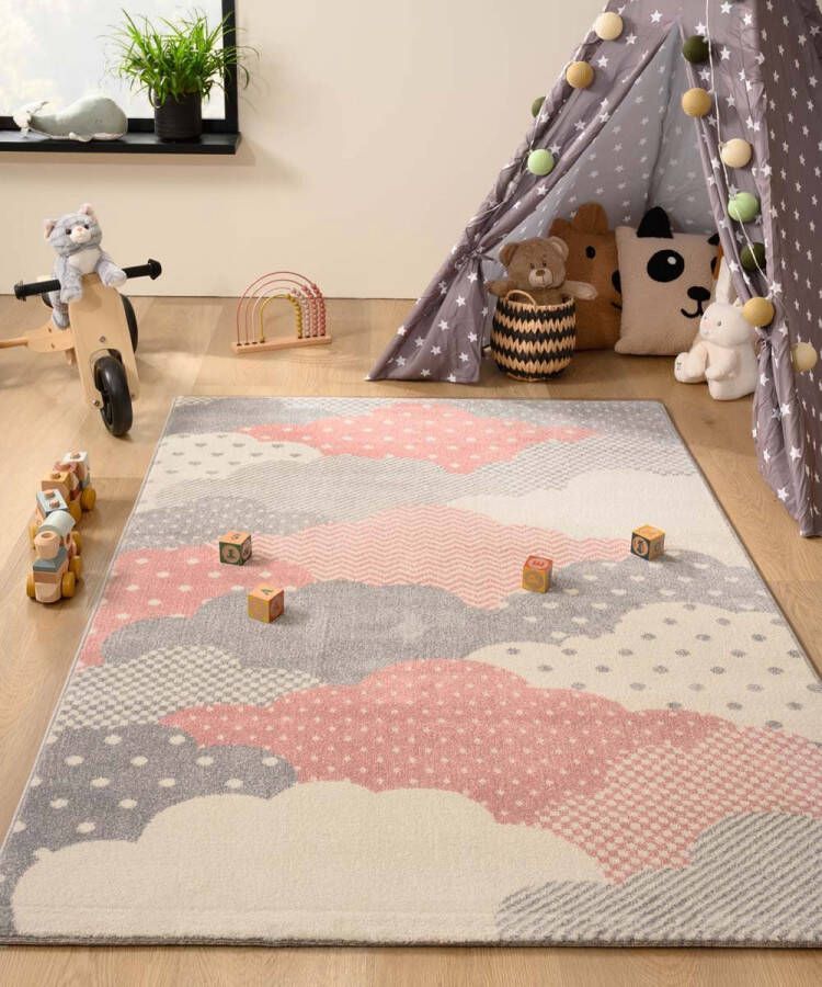 Tapeso Vloerkleed kinderkamer wolk Magic roze grijs 140x200 cm