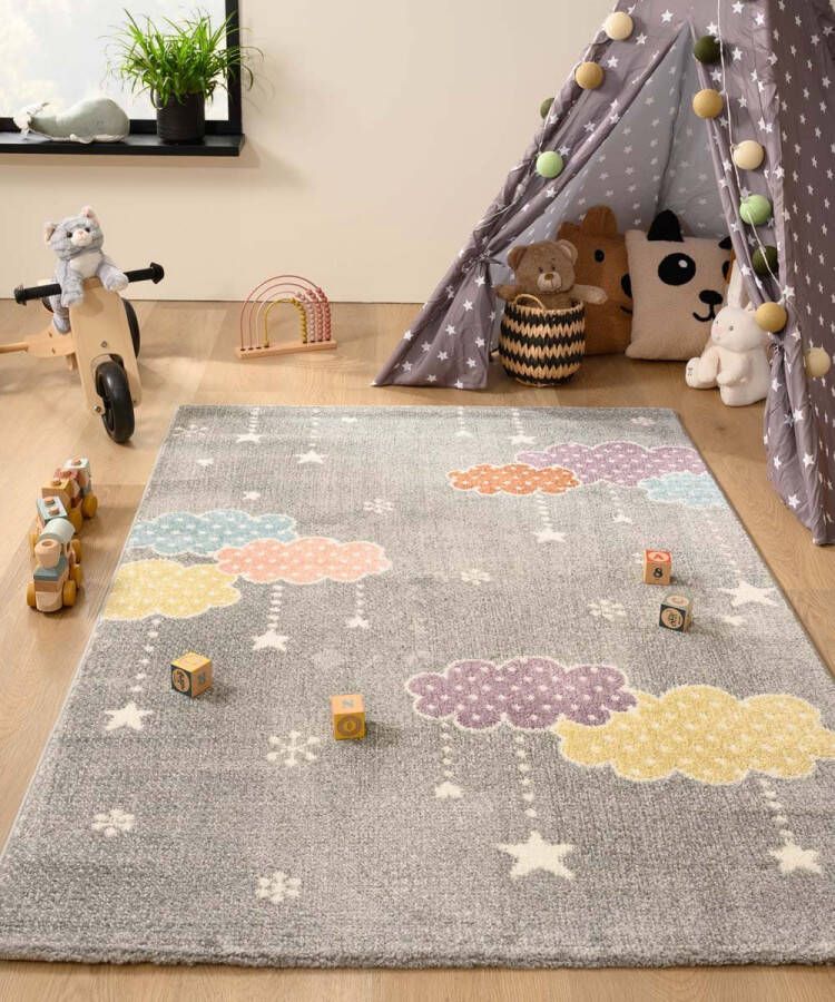 Tapeso Vloerkleed kinderkamer wolk Snoozy grijs multi 120x170 cm