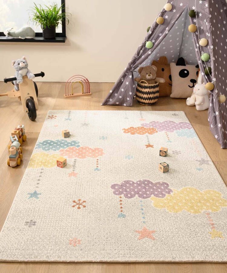 Tapeso Vloerkleed kinderkamer wolk Snoozy wit multi 120x170 cm