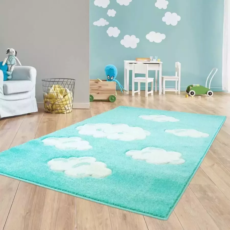 Tapeso Vloerkleed kinderkamer Wolken 3D mintblauw 160x230 cm