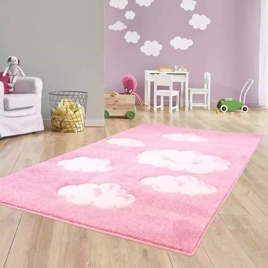 Tapeso Vloerkleed kinderkamer Wolken 3D roze 120x170 cm
