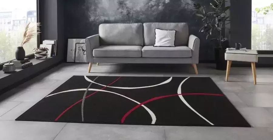 Tapeso Vloerkleed retro Abstract Circles zwart rood 160x220 cm