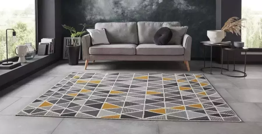 Tapeso Vloerkleed triangle design grijs okergeel 80x150 cm