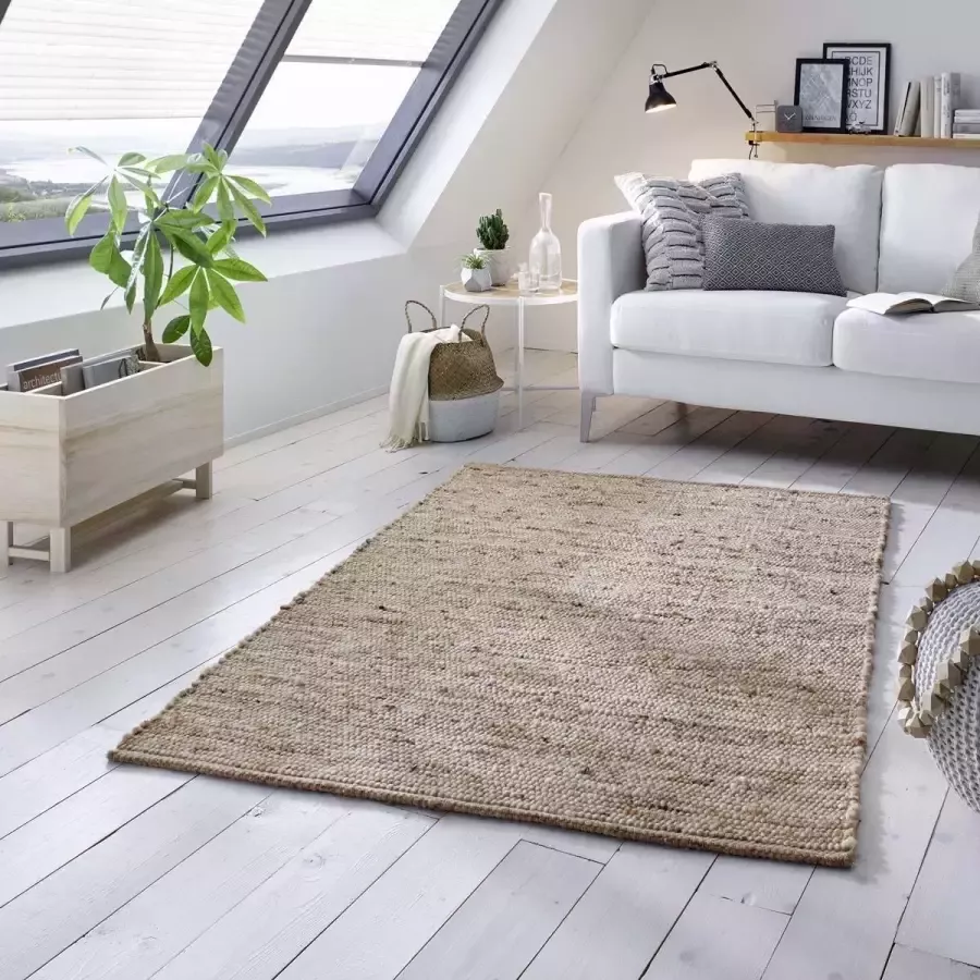 Tapeso Wollen vloerkleed handweef Oslo beige crème 140x200 cm