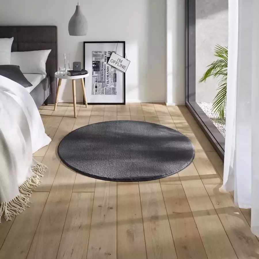 Tapeso Zacht rond vloerkleed Loft antraciet wasbaar 30°C 120 cm rond
