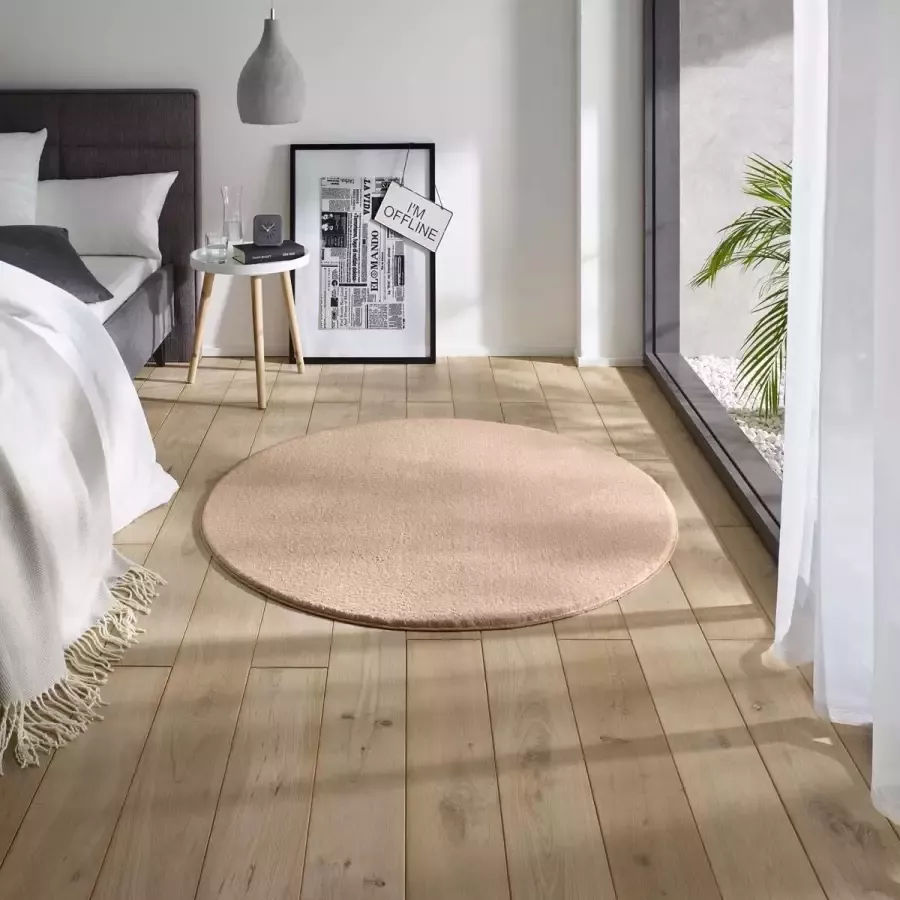 Tapeso Zacht rond vloerkleed Loft beige wasbaar 30°C 120 cm rond
