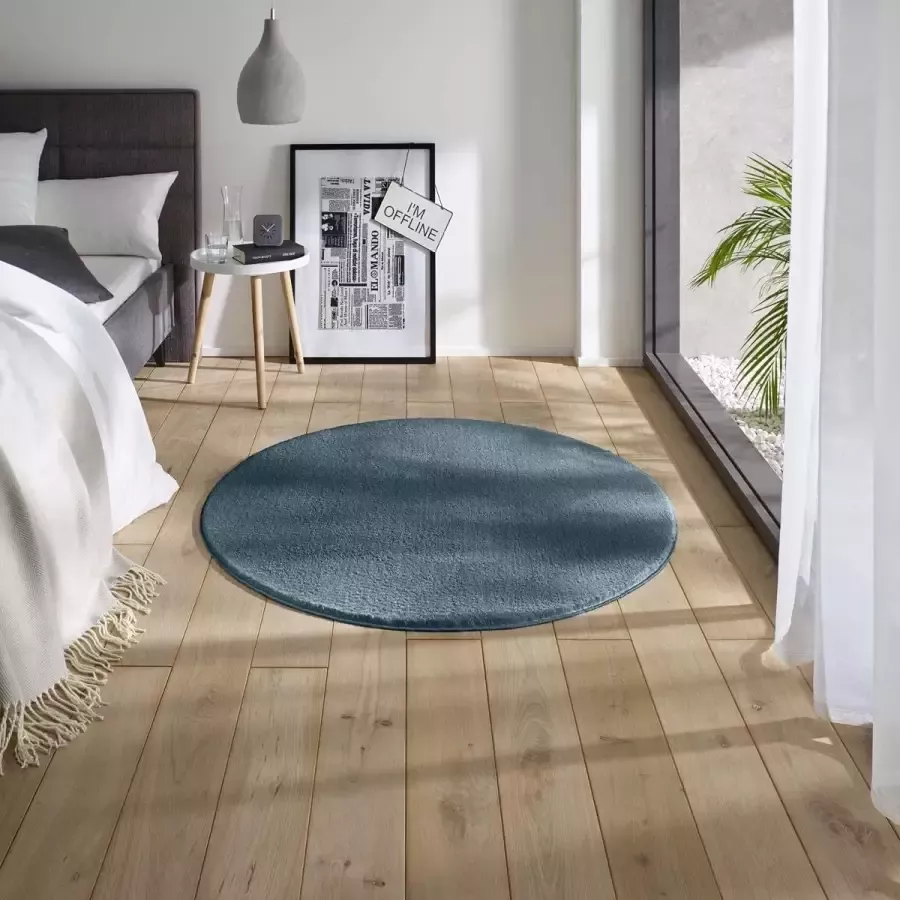 Tapeso Zacht rond vloerkleed Loft blauw wasbaar 30°C 120 cm rond