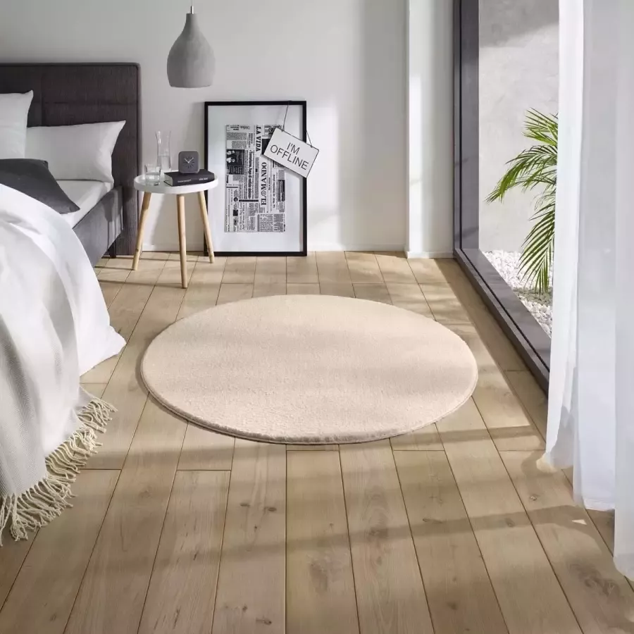 Tapeso Zacht rond vloerkleed Loft crème wasbaar 30°C 120 cm rond