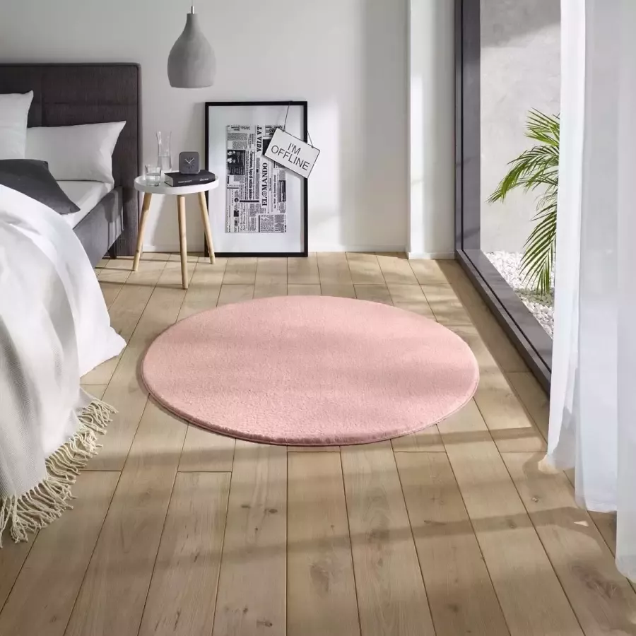 Tapeso Zacht rond vloerkleed Loft roze wasbaar 30°C 80 cm rond