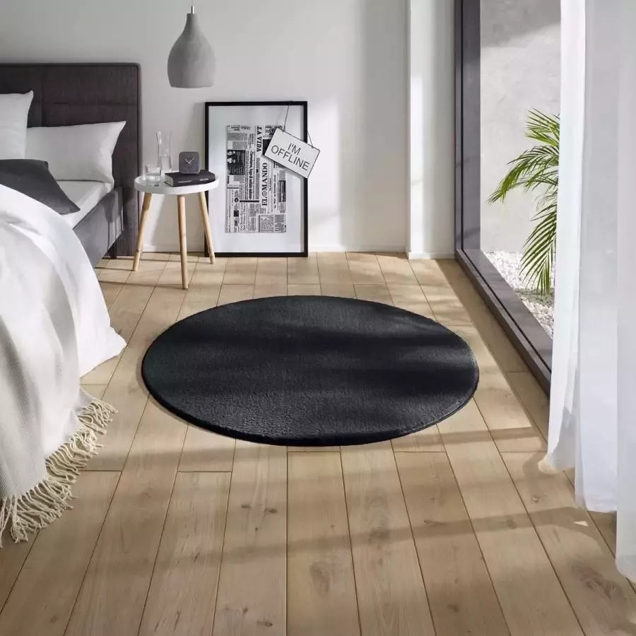 Tapeso Zacht rond vloerkleed Loft zwart wasbaar 30°C 80 cm rond
