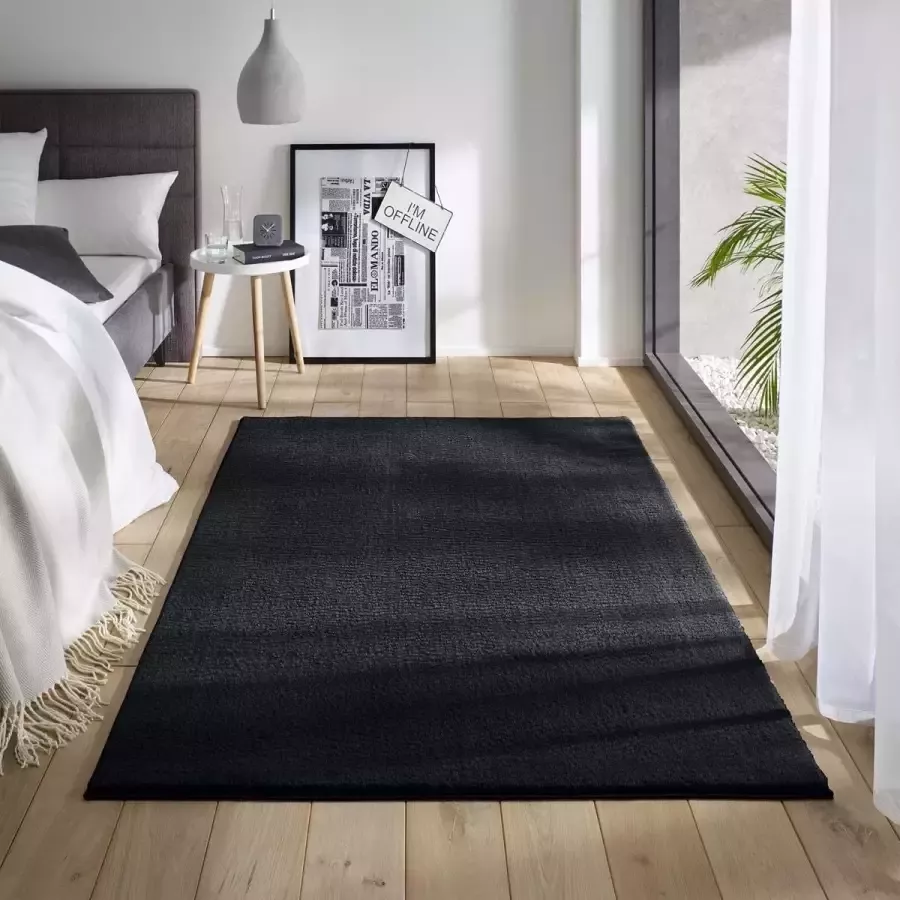 Tapeso Zacht vloerkleed Loft zwart wasbaar 30°C 80x150 cm