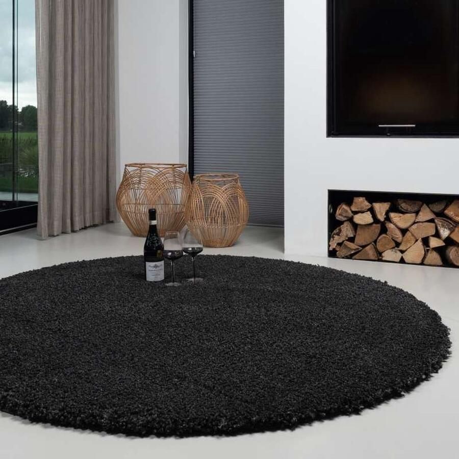 Tapijt Direct Vloerkleed Luxoo Liam Antraciet 133 cm rond Met Biesband