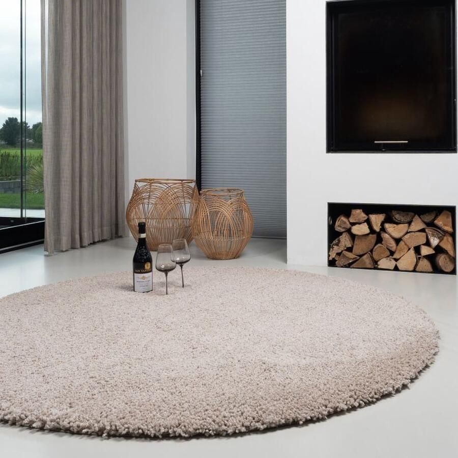 Tapijt Direct Vloerkleed Luxoo Liam Beige 133 rond Met Biesband