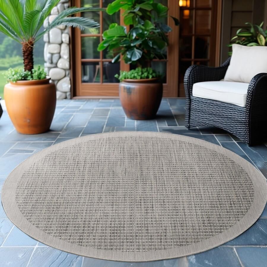 Tapijtenmagazijn Giza Vloerkleed – Grijs met Kader – Laagpolig & Modern – Voor Binnen & Buiten – 120x120 cm rond