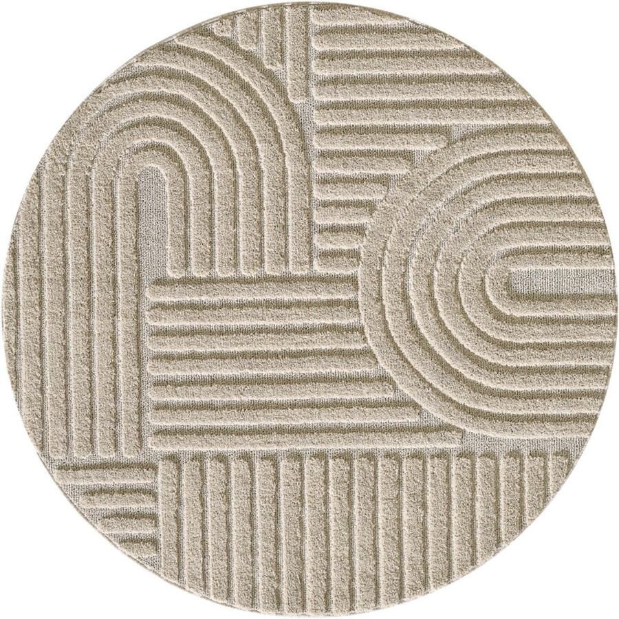 Tapijtenmagazijn Japandi Art Vloerkleed Beige – Scandinavisch & Japans Design – Laagpolig – 200x200 cm rond